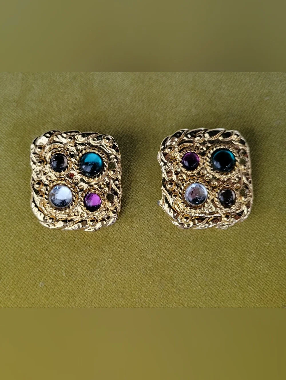 Vtg Gold-Tone Square Clip-On Statement 80s Earnings Green, Purple, Blue Accents